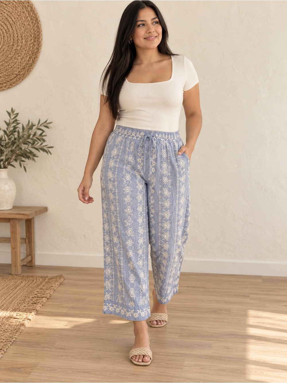 LOFT Blue Embroidered Wide Leg Pull-On Pants Size L